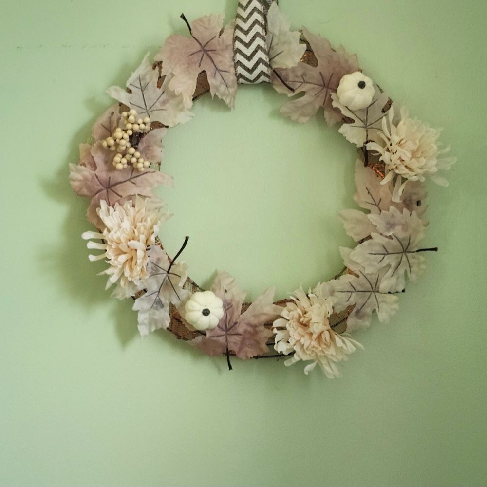 Hand Crafted Ivory Chrysanthemum Pumpkin Floral Wreath Summer Door Wall